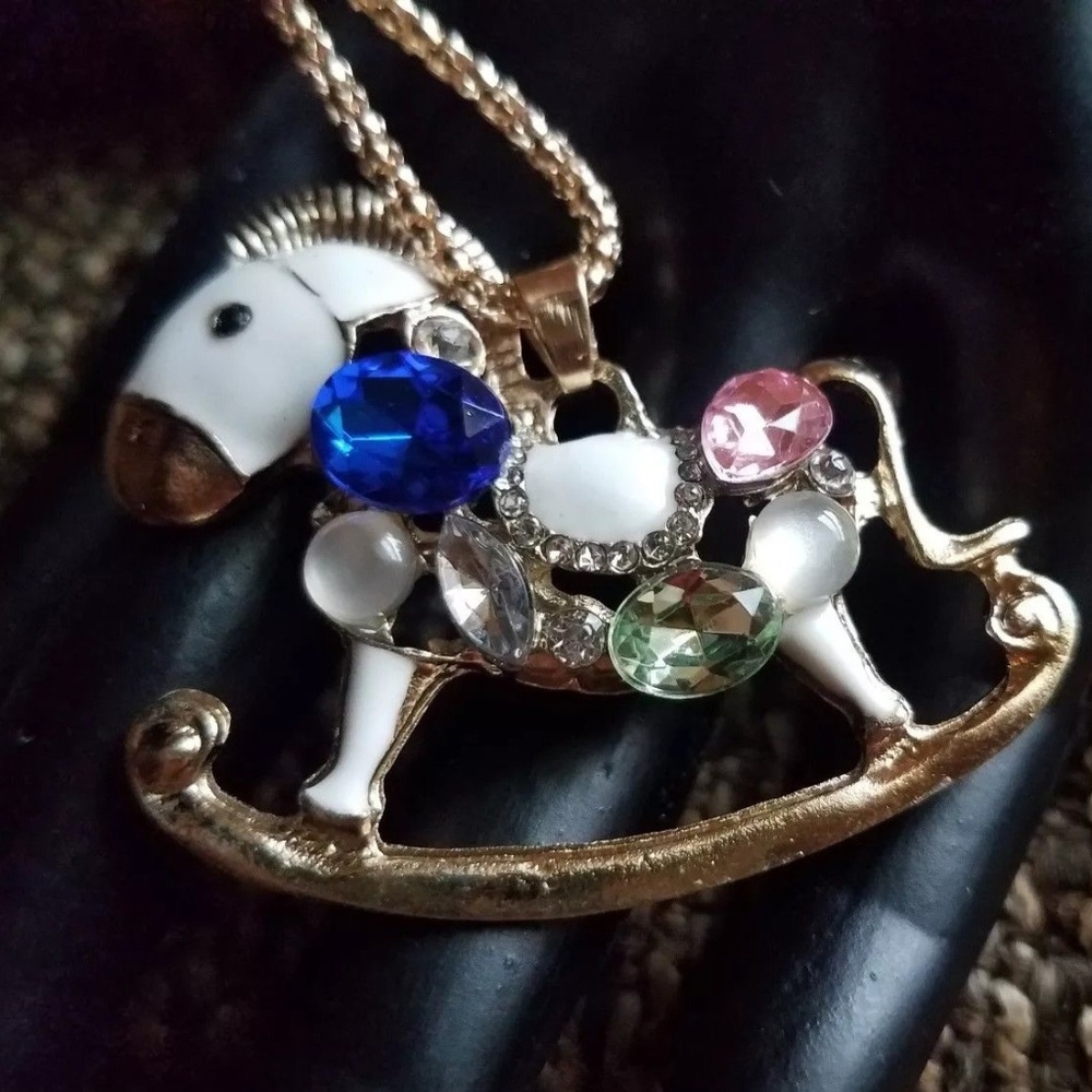 New Rocking‎ Horse Enamel Crystal Gem Necklace Long